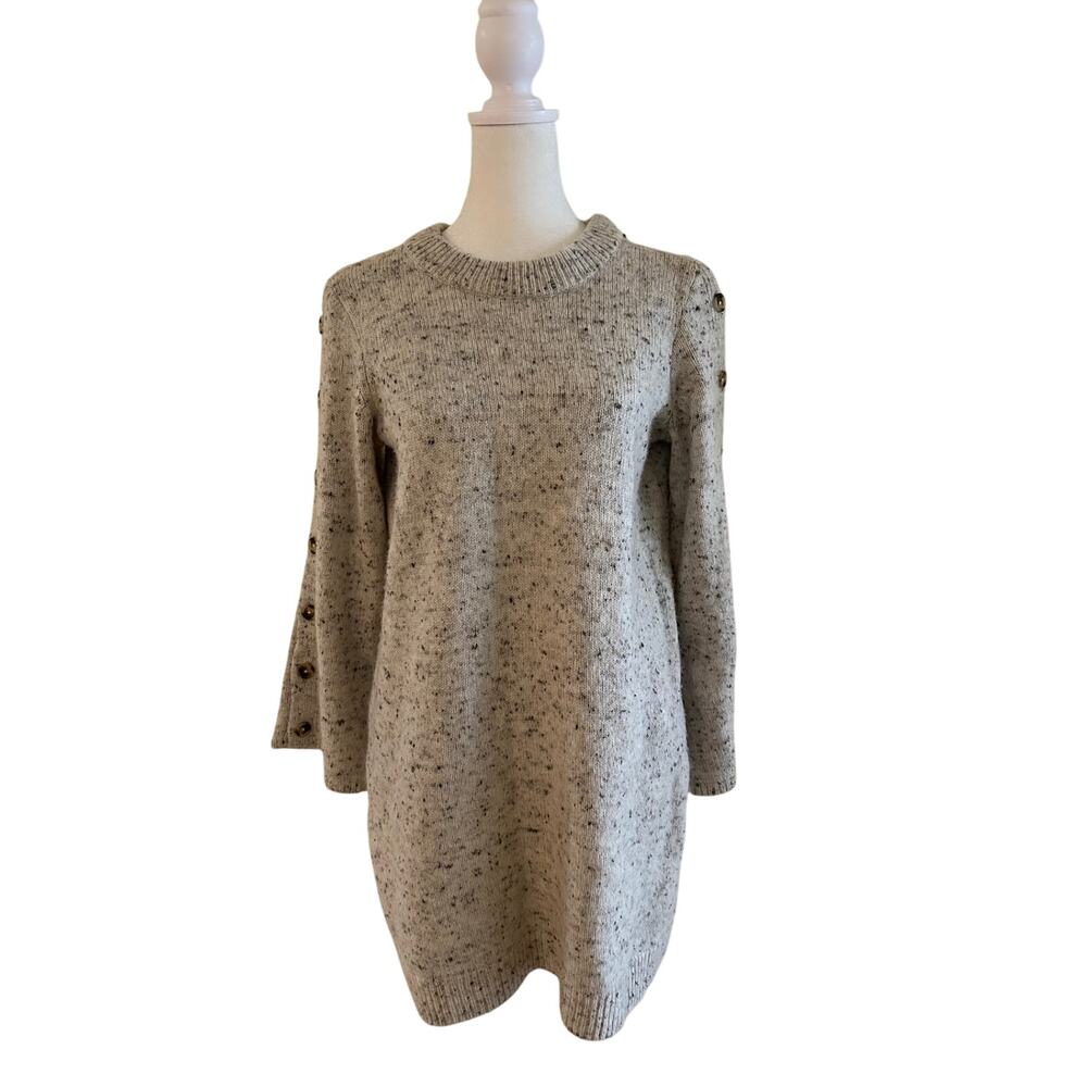 Madewell Donegal Wool Blend Sweater Dress Button Sleeve Mini Oatmeal Speckled - Picture 2 of 11